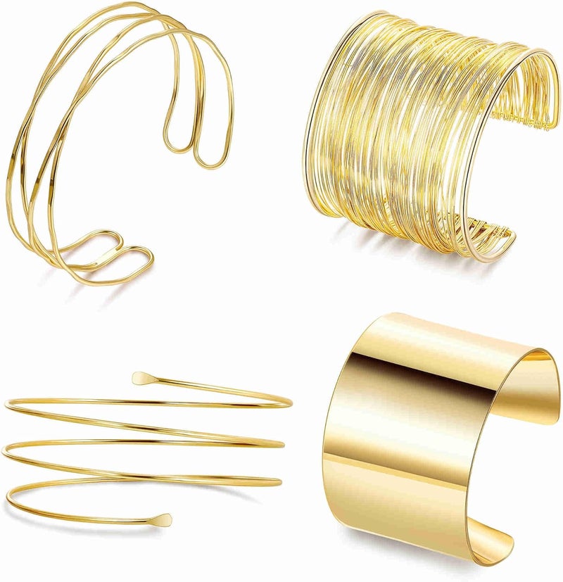 Masedy 4PCS Gold Arm Cuff Bracelets for Women Chunky Open Wrap Cuff Bracelet Set Adjustable Upper Arm Bracelet Bangle Statement Bracelet Minimalist Irregular Armband Coil Swirl Arm Jewelry - Image 1
